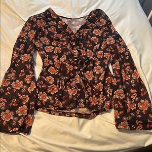 SHEIN Dark Sheer Floral Blouse with Orange Highlights